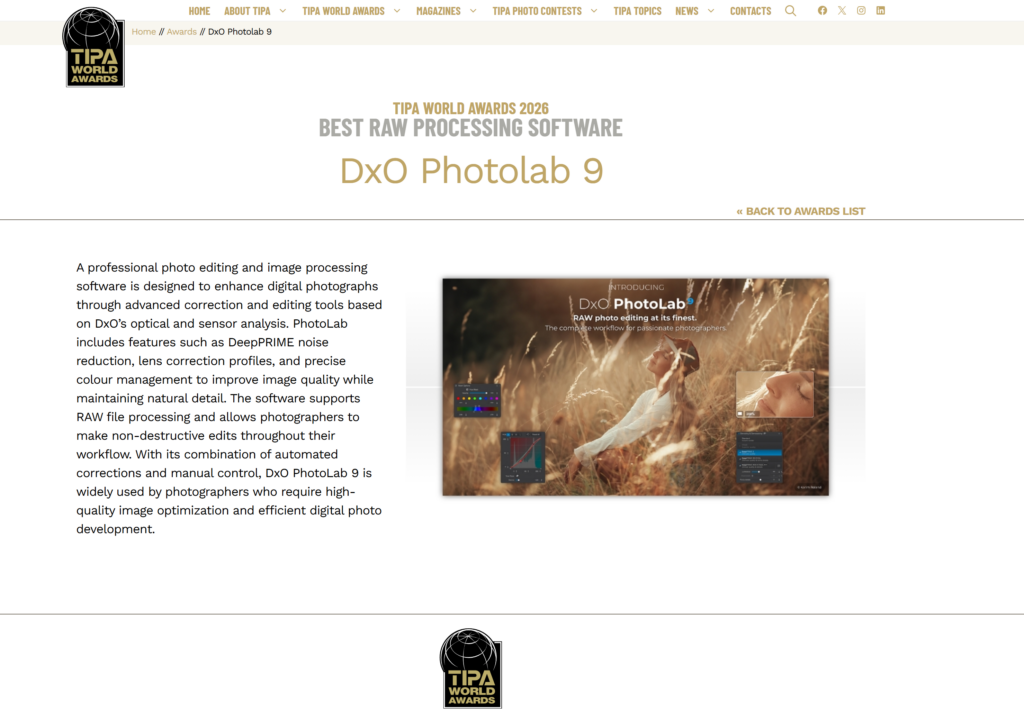 Prix Tipa 2026 logiciel d'édition DxO Photolab